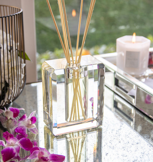 Antica Farmacista's Crystal Diffuser sold by SFERRA. The lines of this lead crystal reflect and scatter light beautifully.