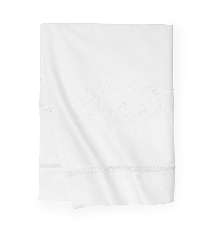 A luxury SFERRA Francesca bed skirt in a white hand-embroidered cotton with a lace inset.