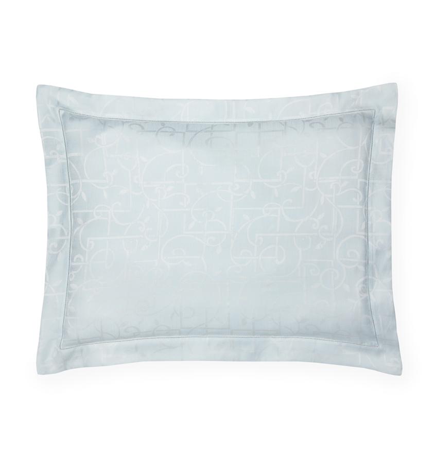 Silhouette image of a light blue sateen sham woven with a white trellis pattern against a white background.