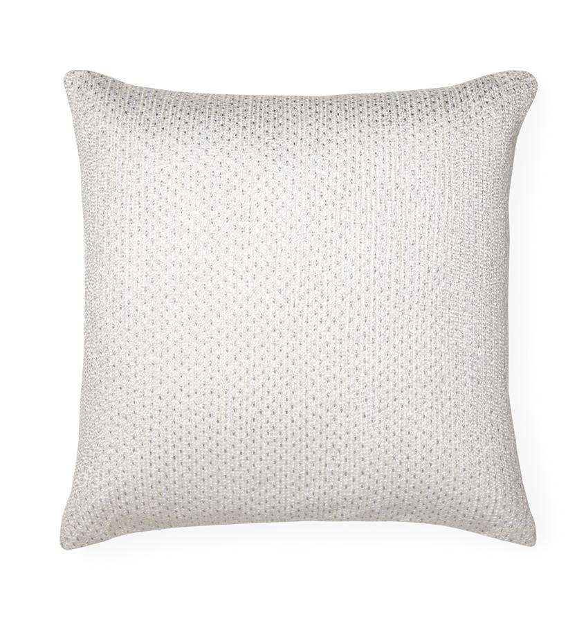 The SFERRA Nemi Decorative Pillow is embroidered with delicate boucle threads in an all-over textural pattern on a white linen base, with silver embroidery details.