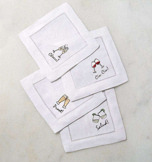 SFERRA Cheers cocktail napkins feature a cheerful selection of four drinks on hemstitched linen napkins.